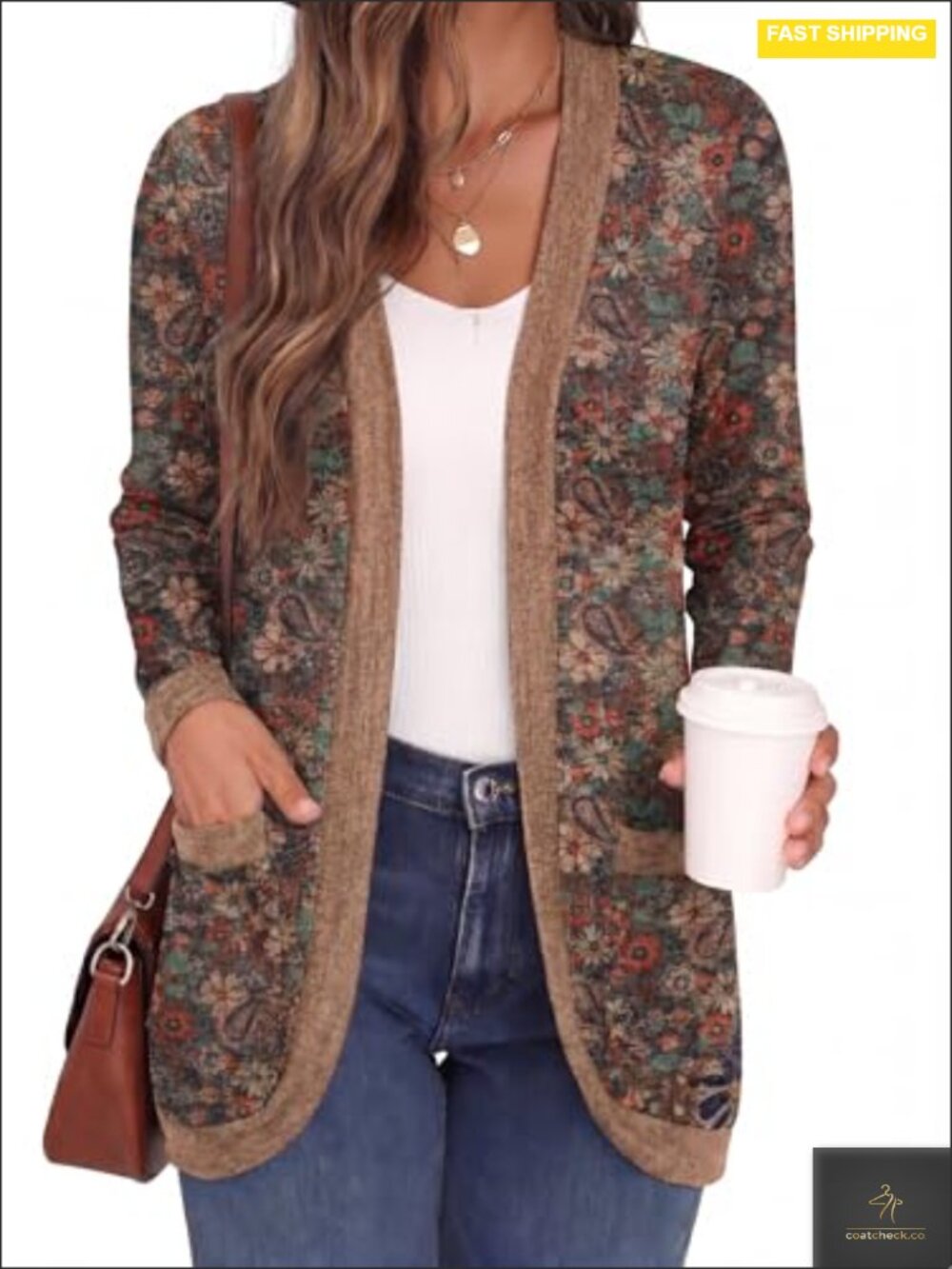 Open Front Cardigan V-Neck Ribbed Knit Long Sleeve Sweater with Pockets